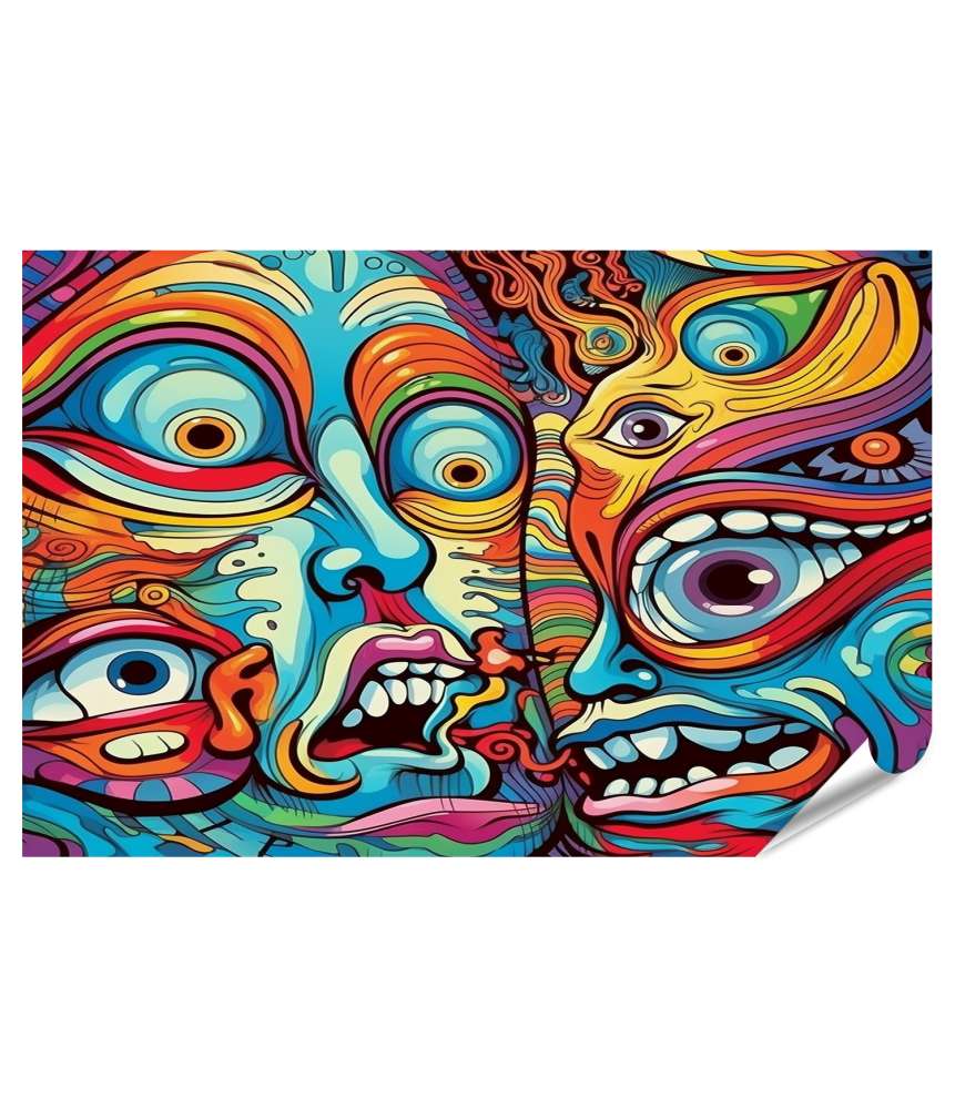 Islandburner XXL Premium Poster Surreales, psychedelisches Wandbild mit abstrakten, bunten Gesichtern