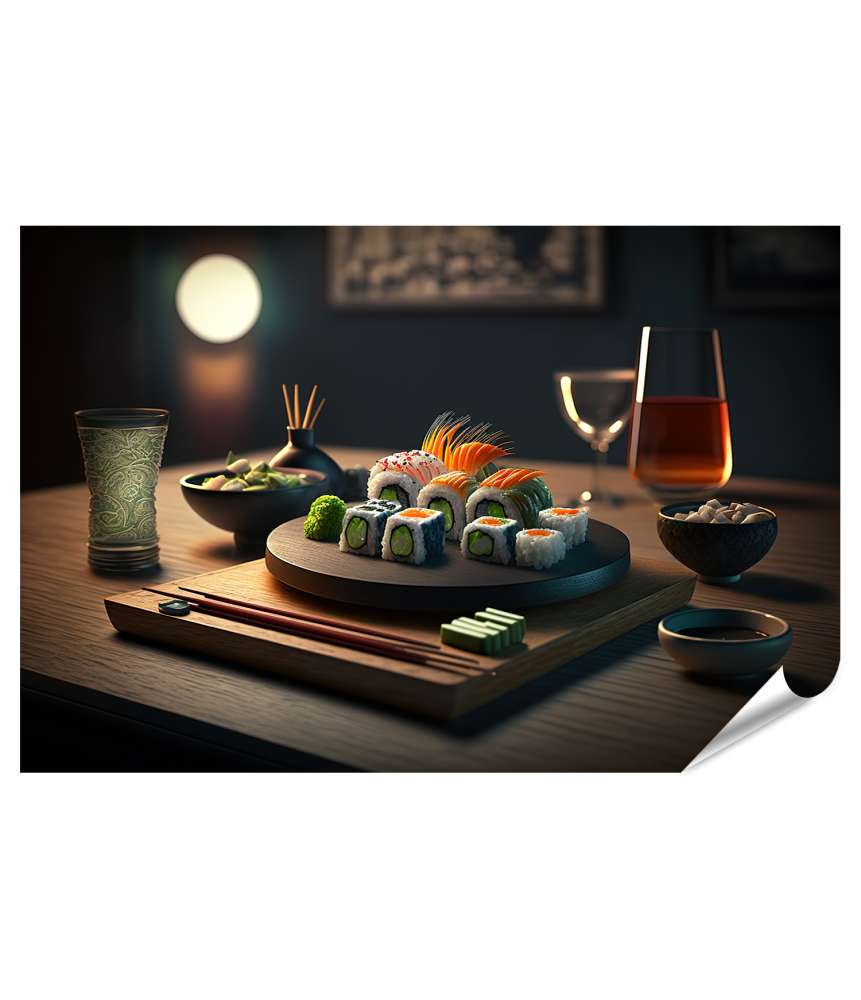 Islandburner XXL Premium Poster Japanisches Sushi-Roll-Set, serviert auf Restauranttisch, Wandbild