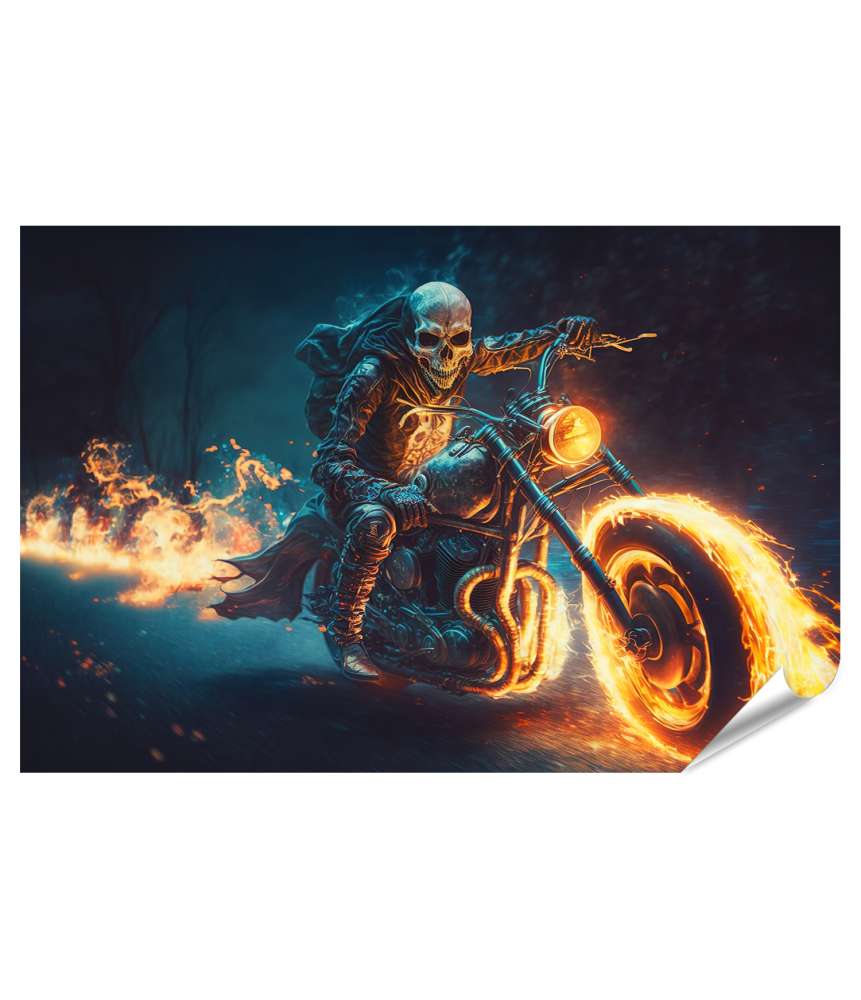 Islandburner XXL Premium Poster Gruseliger Geister-Biker: Skelett-Fahrer reitet Motorrad durch nächtliches Feuer