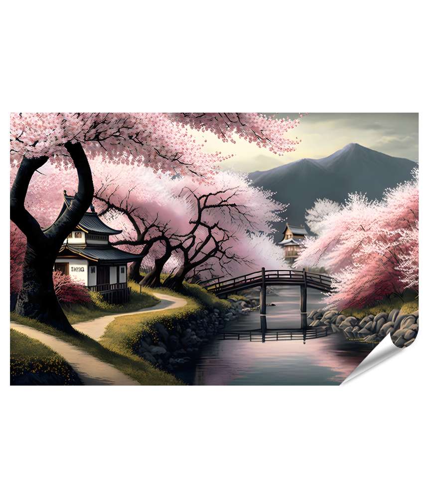 Islandburner XXL Premium Poster Malerisches Wandbild: Kirschblüten, Fluss und Berge im japanischen Frühling