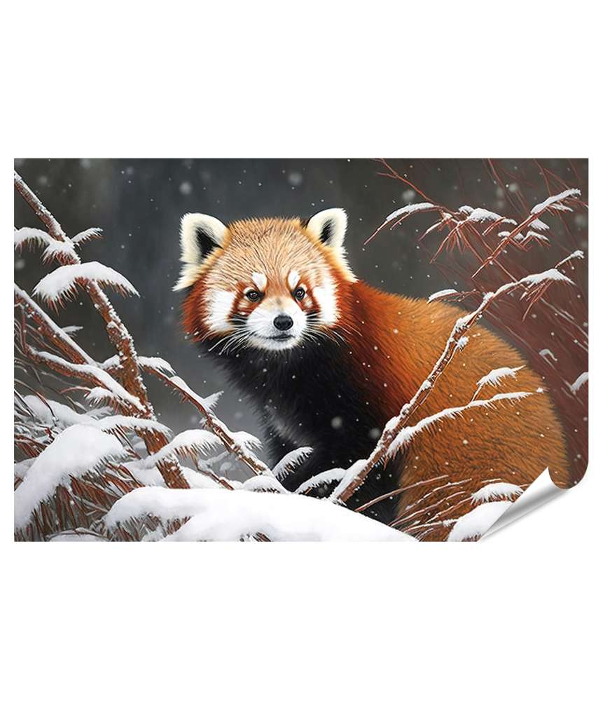 Islandburner XXL Premium Poster Porträt eines roten Pandas im Winterwald während eines Schneefalls