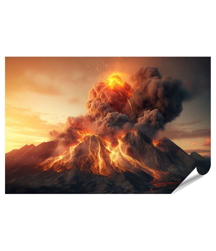 Islandburner XXL Premium Poster Gewaltiger Vulkanausbruch mit eruptierender Lava und aufsteigenden Gasen