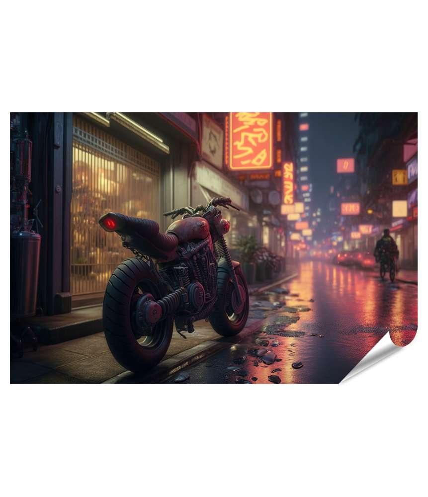 Islandburner XXL Premium Poster Neonleuchtende Cyberpunk-Stadt mit geparktem Sportmotorrad und KI-Szenario