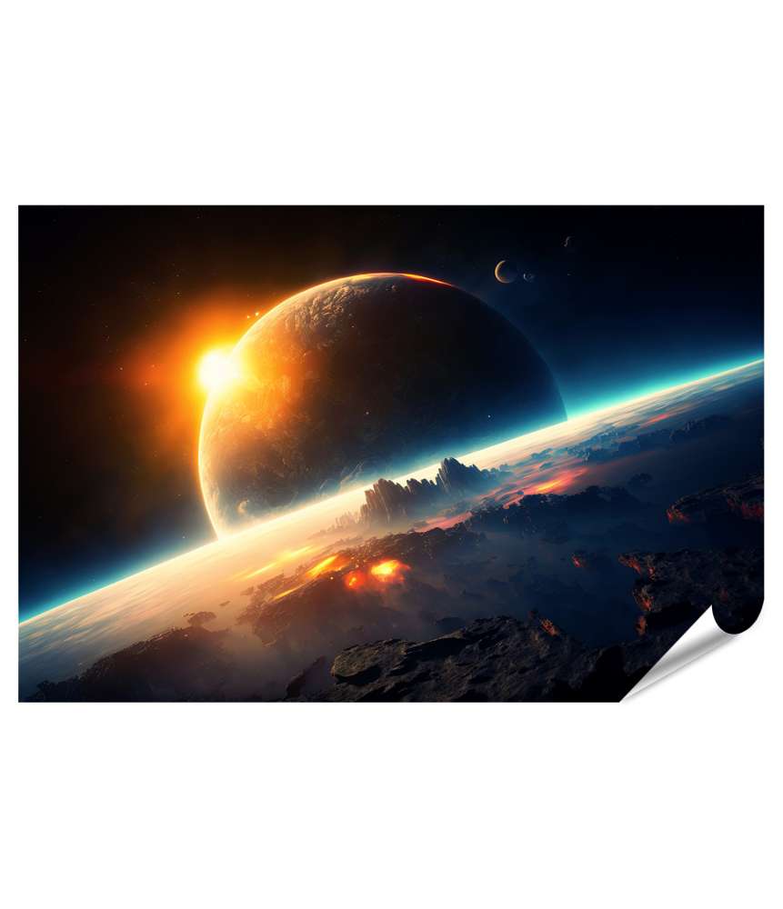 Islandburner XXL Premium Poster Abgeschiedene Mondoberfläche mit Blick auf Alien-Planeten und Kosmos