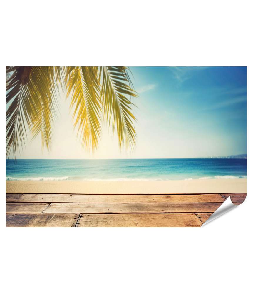 Islandburner XXL Premium Poster Tropischer Strand mit Sand, blauem Himmel und Palmenblatt auf Holzbrett