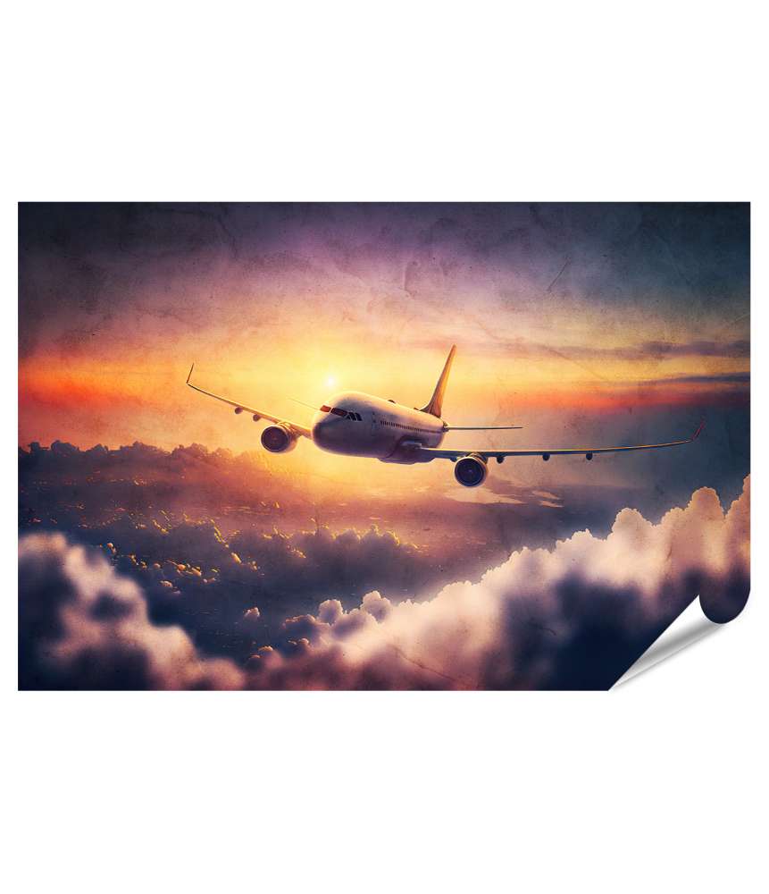 Islandburner XXL Premium Poster Sonnenuntergang mit fliegendem Flugzeug im Aquarellstil