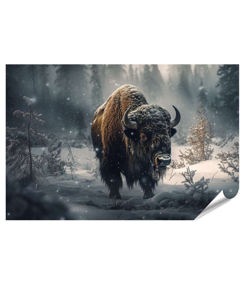 Islandburner XXL Premium Poster Stehender Bison in schneebedecktem Wald - Wandbild natürlicher Wildtiere