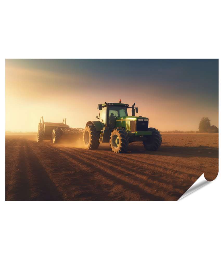 Islandburner XXL Premium Poster Grüner Traktor auf einem Feld beim Sonnenuntergang