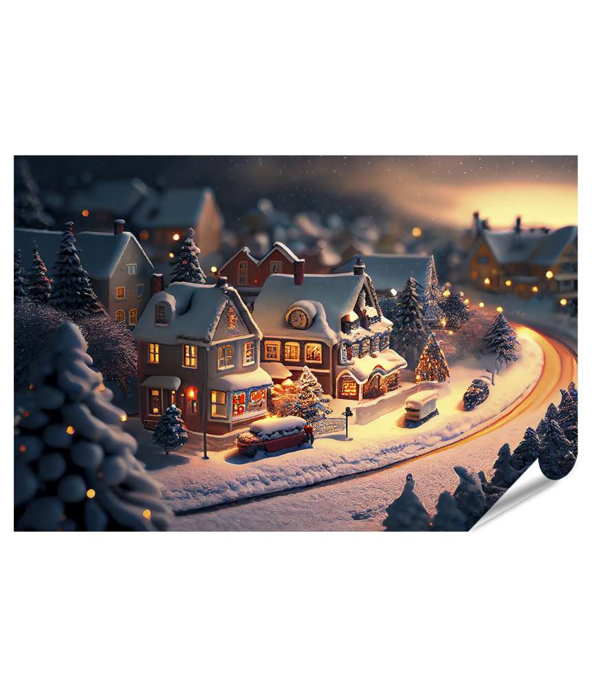 Islandburner XXL Premium Poster Schneebedecktes Weihnachtsdorf in idyllischer Winterlandschaft