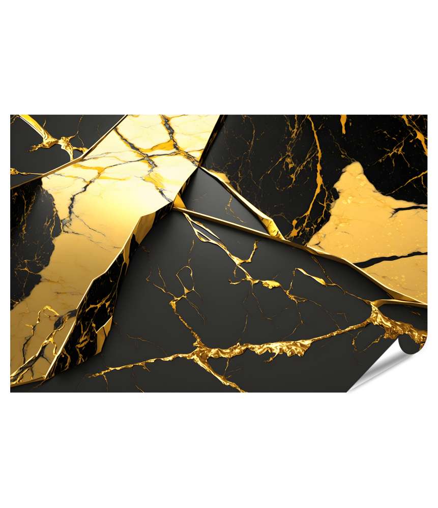 Islandburner XXL Premium Poster Abstraktes Wandbild in luxuriösem Gold und Schwarz auf Marmorsteinwand