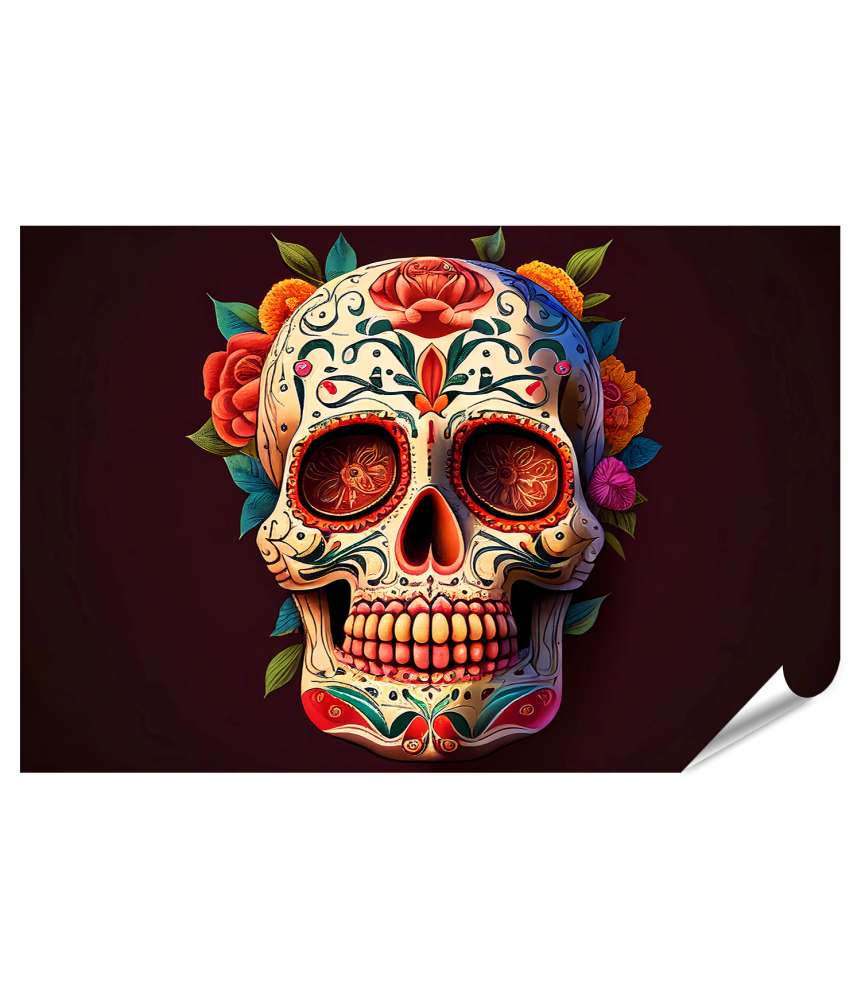 Islandburner XXL Premium Poster Totenkopf-Wandbild im Stil des Dia De Los Muertos