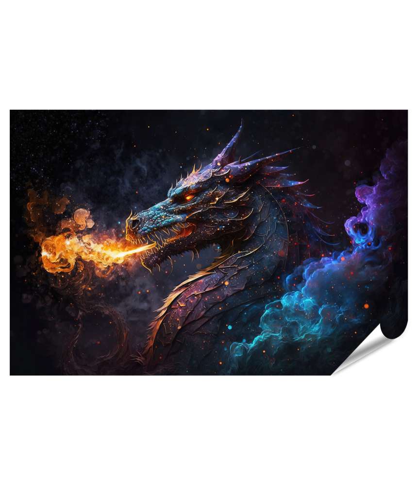 Islandburner XXL Premium Poster Fantasy-Wandbild eines AI-generierten Drachen im riesigen Nachthimmel