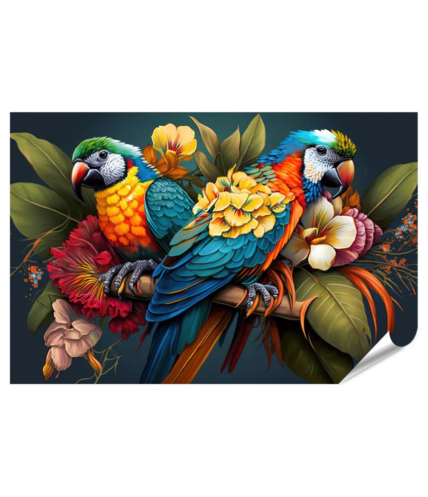 Islandburner XXL Premium Poster Buntes Wandbild mit Papageien, tropischen Blumen und Wildtieren