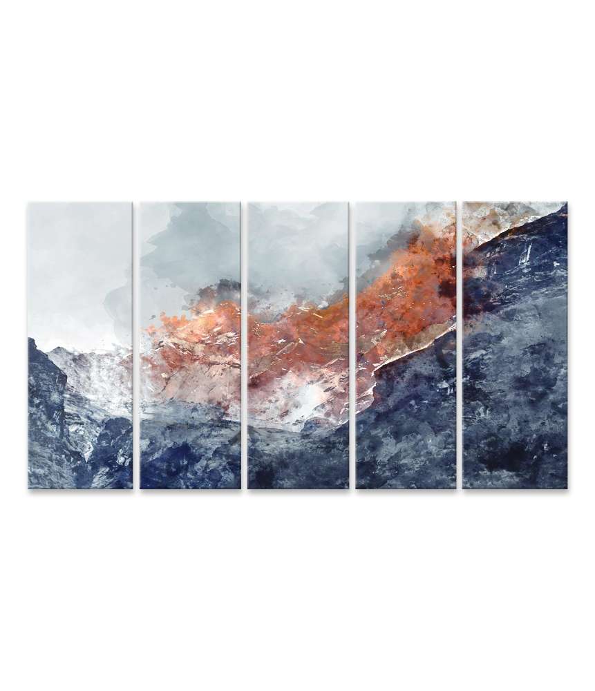 Islandburner Bild auf Leinwand Digital-Aquarell-Wandbild mit abstrakten Bergketten in Blau-Orange-Tönen