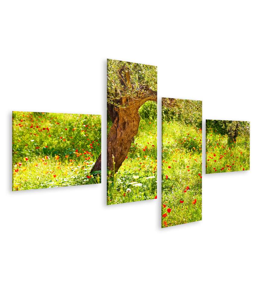 Islandburner Bild auf Leinwand Lebendiges Wandbild einer Mohnblumenwiese mit prächtigem Baum