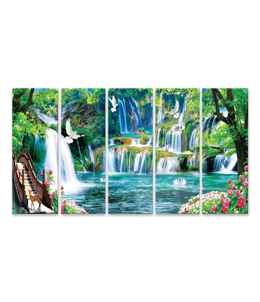 Islandburner Bild auf Leinwand Vibrantes Wandbild: Bunte Landschaft mit Blumen, Bäumen und Wasserfall