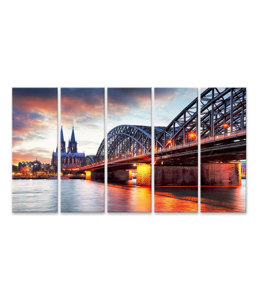 Islandburner Bild auf Leinwand Sonnenuntergang am Kölner Dom mit Hohenzollernbrücke bei Nacht