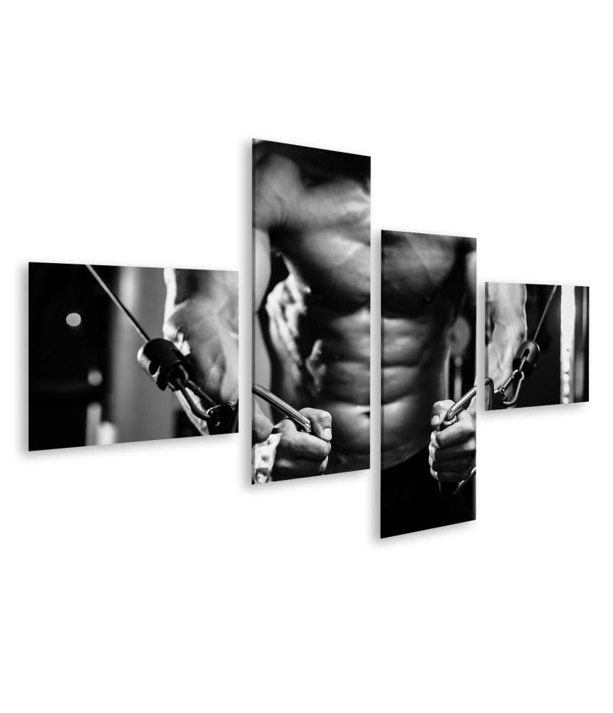 Islandburner Bild auf Leinwand Nahaufnahme eines Bodybuilders im Fitnessstudio, schwarzweiß Darstellung