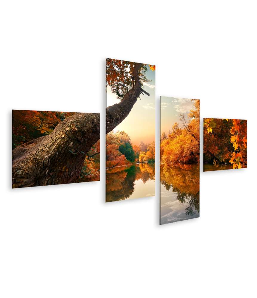 Islandburner Bild auf Leinwand Herbstlicher Wald mit orangefarbenem Fluss, Wandbild 130A