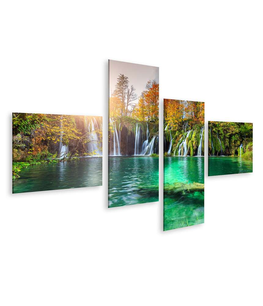 Islandburner Bild auf Leinwand Buntes Herbstpanorama mit Wasserfällen im Plitvice Nationalpark, Kroatien