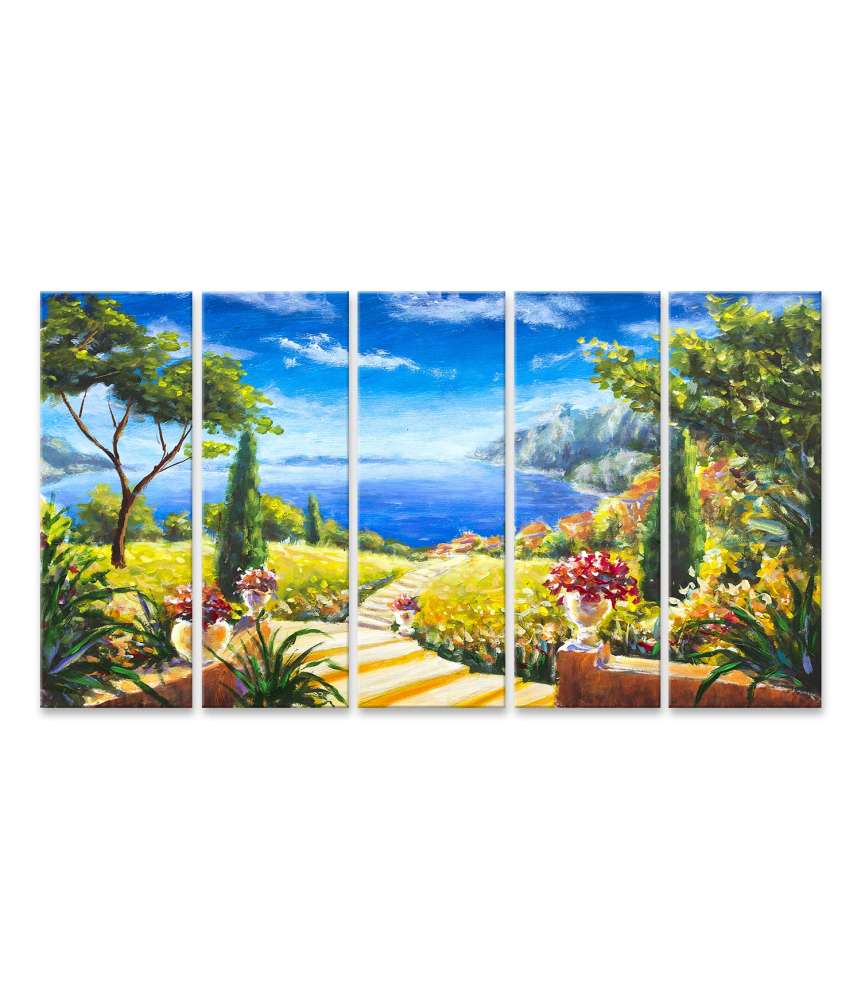 Islandburner Bild auf Leinwand Handgemaltes Wandbild: Sommerlandschaft mit Weg zum Ozean und Blumenvasen