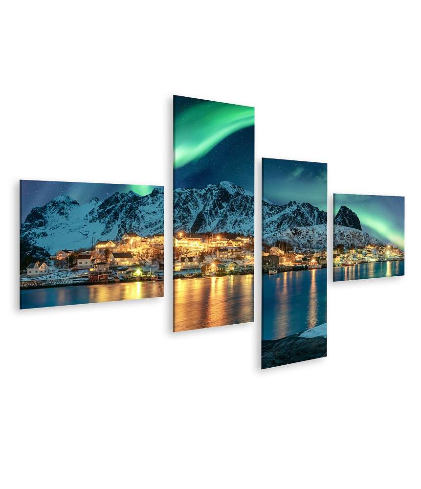 Islandburner Bild auf Leinwand Aurora Borealis beleuchtet ein Fischerdorf an der winterlichen Lofoten-Küste