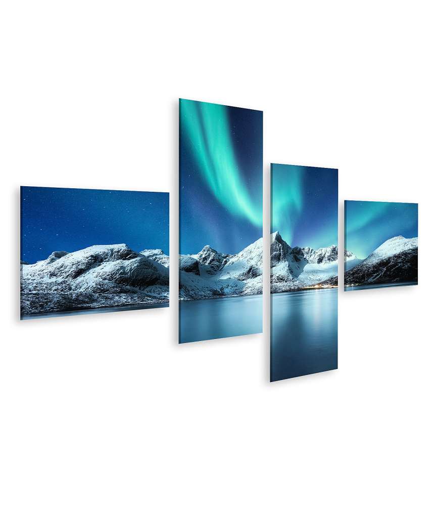 Islandburner Bild auf Leinwand Nordlichter reflektieren auf Berglandschaft der Lofoten Inseln, Norwegen