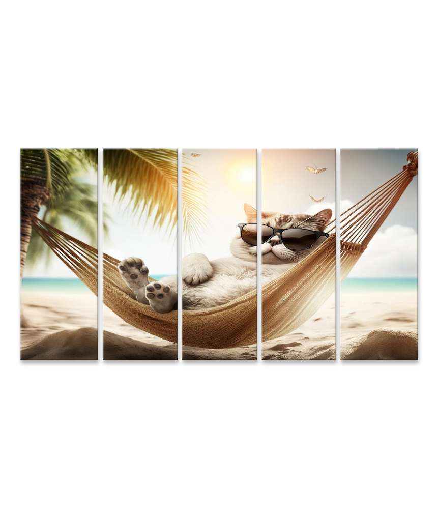 Islandburner Bild auf Leinwand Entspannte Katze mit Sonnenbrille am Strand - Lustiges Haustier-Urlaubsbild