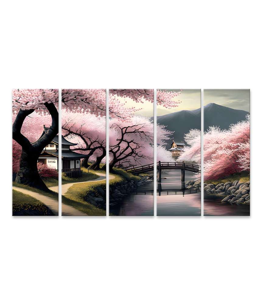 Islandburner Bild auf Leinwand Malerisches Wandbild: Kirschblüten, Fluss und Berge im japanischen Frühling