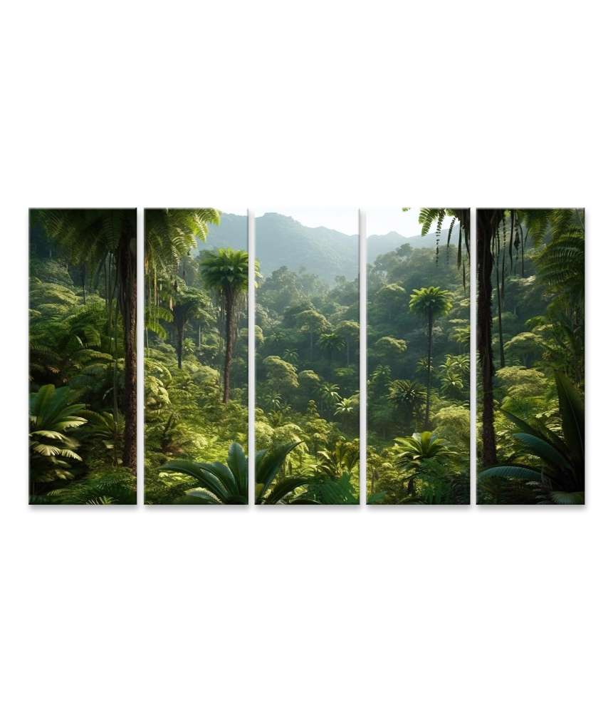 Islandburner Bild auf Leinwand Exotisches Wandbild: Dschungelpanorama mit üppigem Wald und tropischen Pflanzen