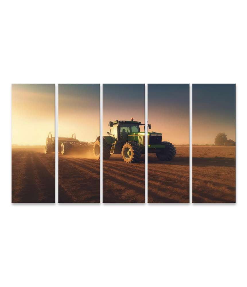 Islandburner Bild auf Leinwand Grüner Traktor auf einem Feld beim Sonnenuntergang