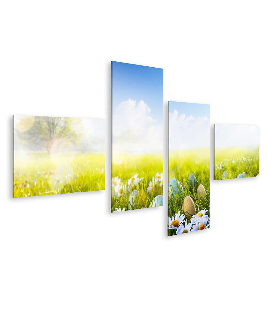 Islandburner Bild auf Leinwand Vibrantes Wandbild von bunt bemalten Ostereiern und Blumen im Gras