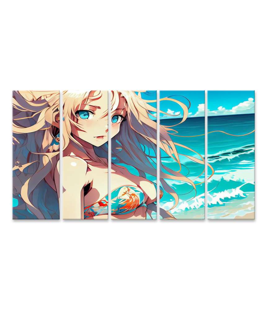 Islandburner Bild auf Leinwand Anime-Mädchen mit langem blauen Haar in Cosplay-Manga-Stil Wandbild