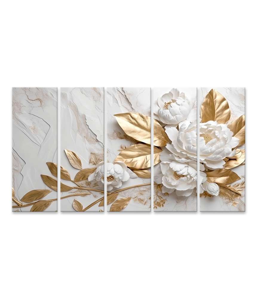 Islandburner Bild auf Leinwand Luxuriöses Wandbild mit goldener Blumenmuster auf weißem Marmor-Hintergrund