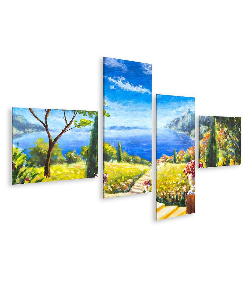 Islandburner Bild auf Leinwand Handgemaltes Wandbild: Sommerlandschaft mit Weg zum Ozean und Blumenvasen