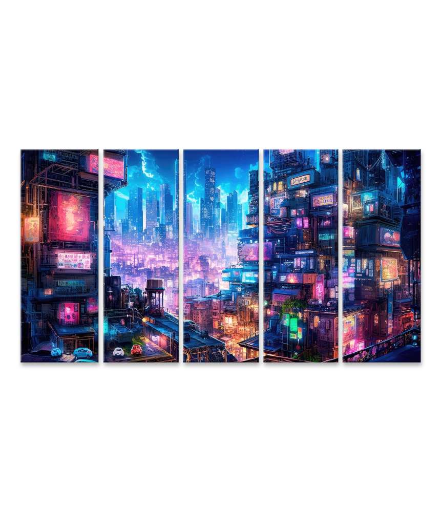 Islandburner Bild auf Leinwand Bezauberndes digitales Wandbild einer Anime-Cyberpunk-Stadt bei Nacht