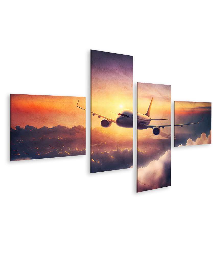 Islandburner Bild auf Leinwand Sonnenuntergang mit fliegendem Flugzeug im Aquarellstil