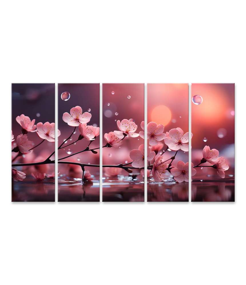 Islandburner Bild auf Leinwand Kirschbaumzweig mit rosa Sakura-Blüten, Wasser plätschert, Spritzer