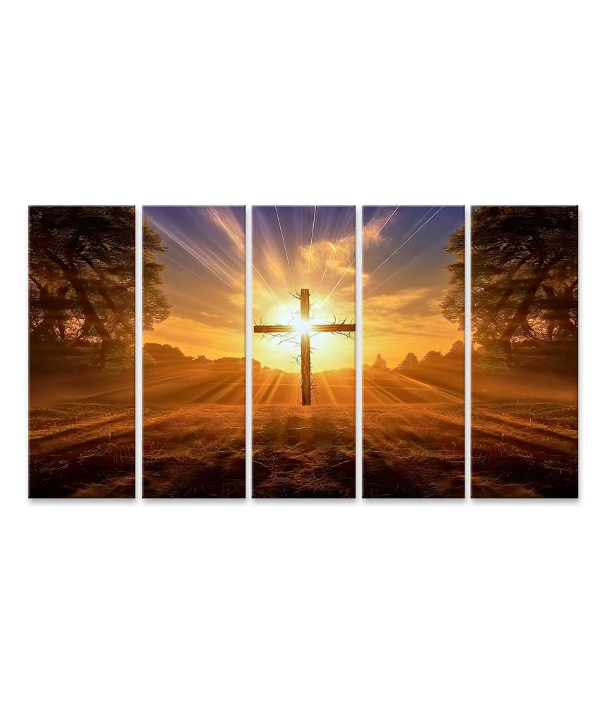 Bild auf Leinwand Hintergrundbeleuchtetes großes Kreuz mit Sonnenstrahlen hinter Christus