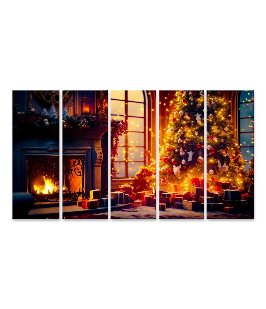 Islandburner Bild auf Leinwand Festlich geschmückter Weihnachtsbaum neben Kamin, Geschenke darunter im Wohnzimmer