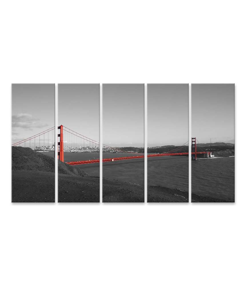 Islandburner Bild auf Leinwand Rotgoldene Golden Gate Bridge, schwarz-weißer Hintergrund von San Francisco