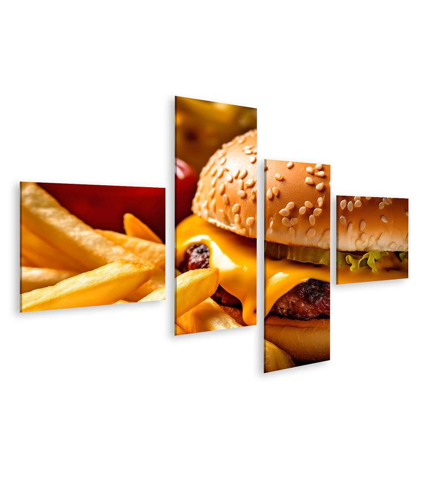 Islandburner Bild auf Leinwand Lebhaftes Wandbild: Hamburger und knusprige Pommes Frites