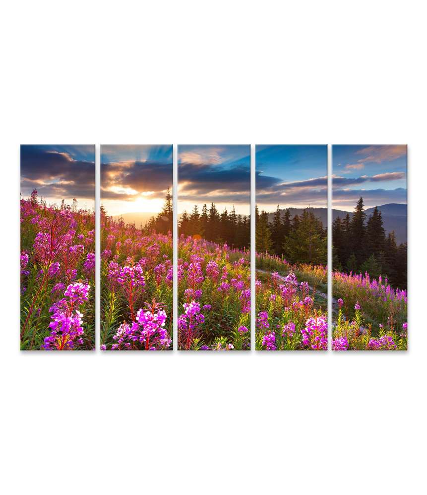 Islandburner Bild auf Leinwand Beeindruckendes Wandbild: Herbstliche Berglandschaft mit rosa Blumen