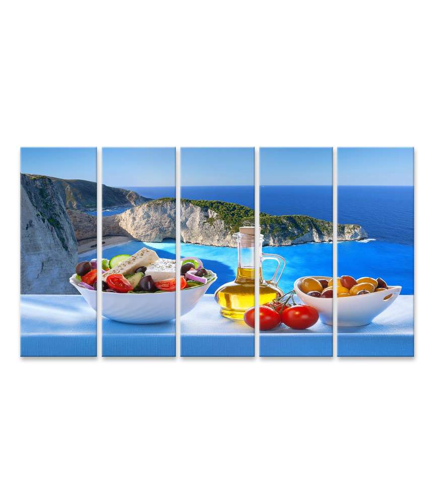 Islandburner Bild auf Leinwand Berühmtes Wandbild vom Navagio Strand und griechischem Salat, Zakynthos