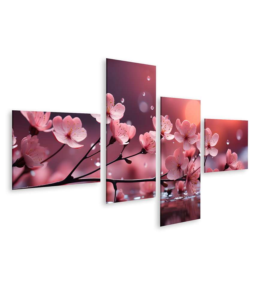 Islandburner Bild auf Leinwand Kirschbaumzweig mit rosa Sakura-Blüten, Wasser plätschert, Spritzer