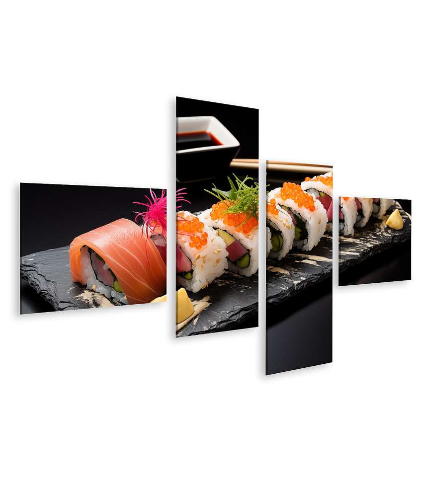 Islandburner Bild auf Leinwand Leckeres Sushi-Set mit Wasabi, stilvoll auf schwarzem Hintergrund präsentiert