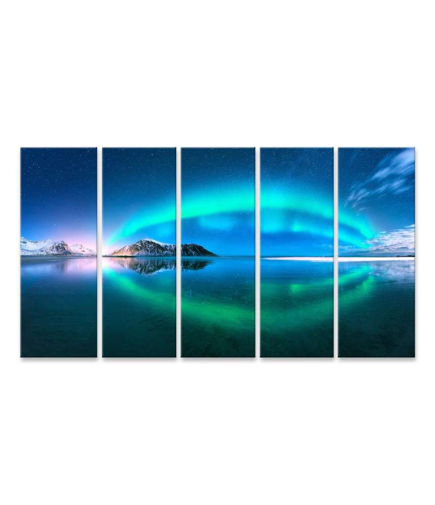 Islandburner Bild auf Leinwand Nordlichter spiegeln sich auf den Lofoten-Inseln in Norwegen wider