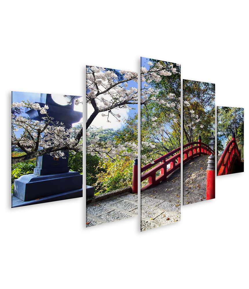 Islandburner Bild auf Leinwand Sakura-Blüten am japanischen Tempel mit roter Brücke