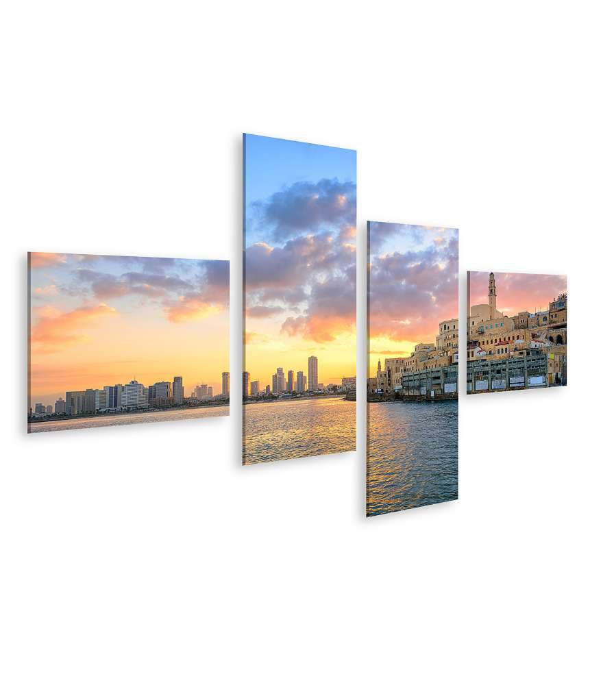 Islandburner Bild auf Leinwand Sonnenbeleuchtete Altstadt Jaffa und moderne Skyline von Tel Aviv