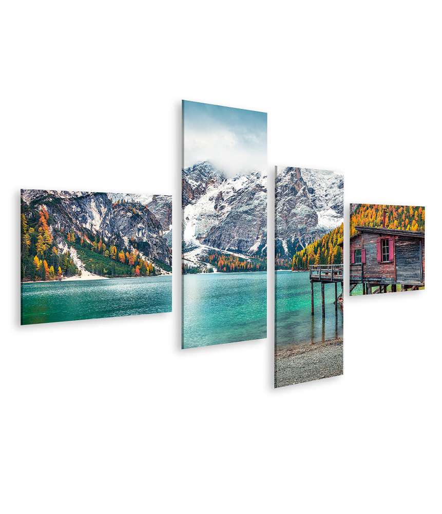 Islandburner Bild auf Leinwand Buntes Wandbild: Bootshütte am Pragser Wildsee mit Seekofel Berg